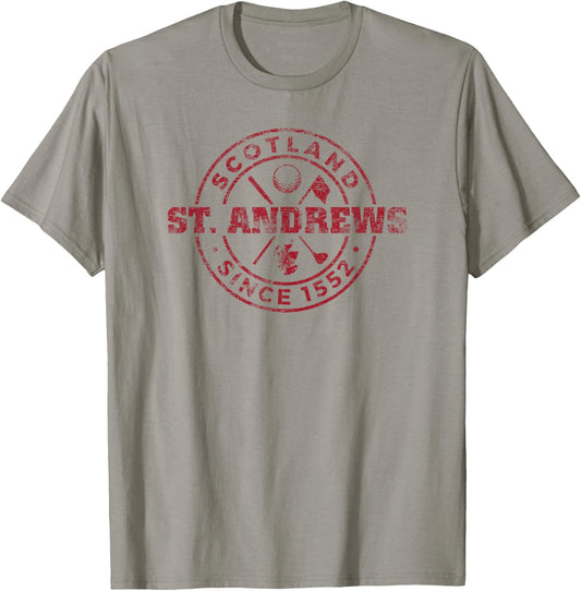 St. Andrews Scotland Golf 1552 Cardinal Imprint Distressed T-Shirt - T-Shirt | Sand
