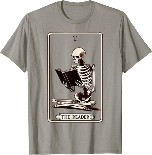 The Reader Tarot Card Funny Book Lover Skeleton Reading Book T-Shirt - T-Shirt | Sand
