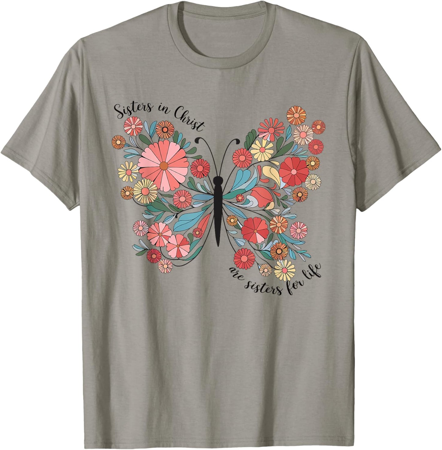 Sisters In Christ Christian Bible Verse Religious Butterfly T-Shirt - T-Shirt | Sand