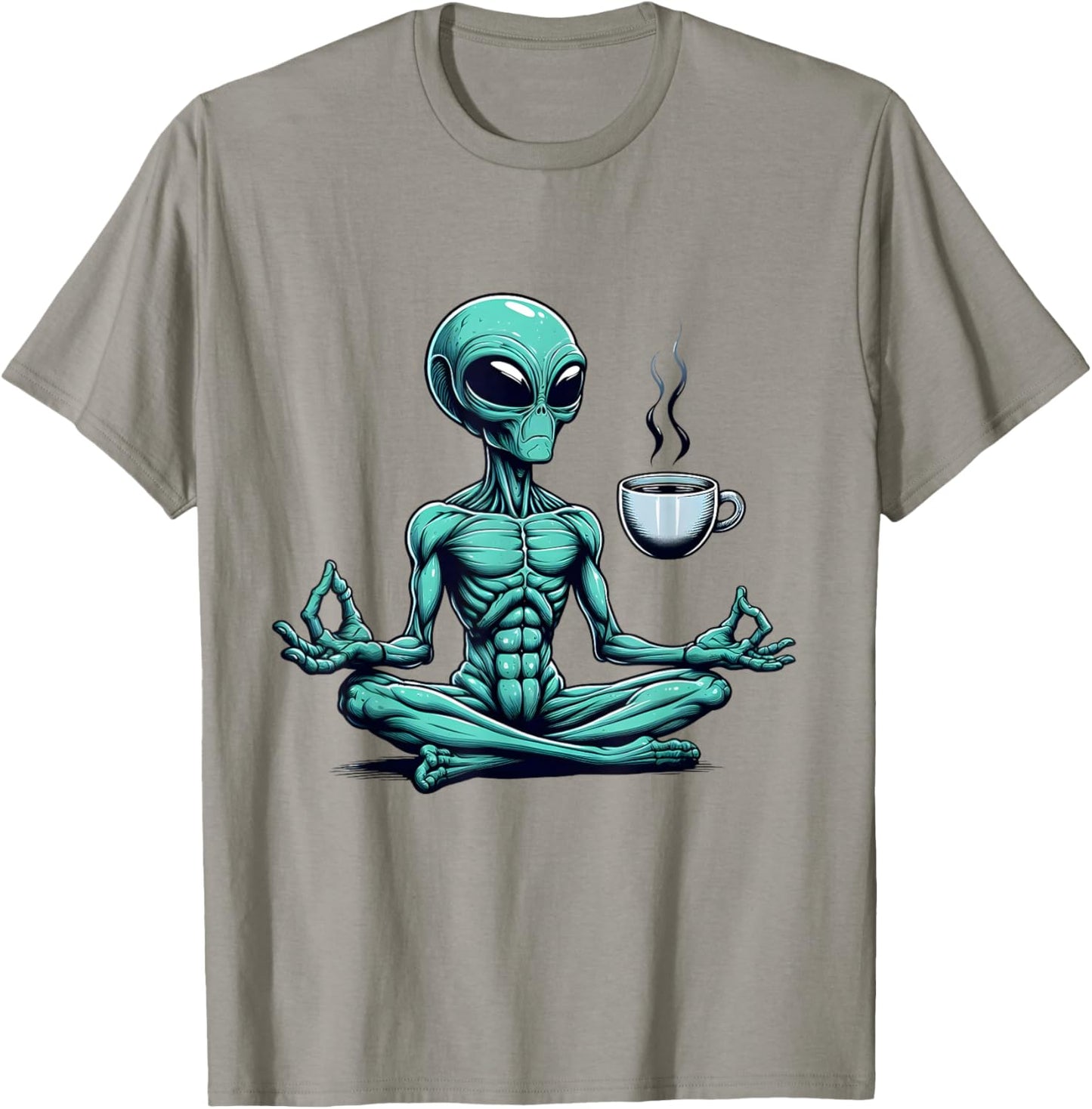 Alien Yoga With Coffee Mug UFO Lover Funny Meditate Poses T-Shirt - T-Shirt | Sand