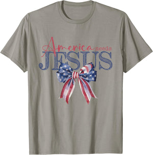 Coquette Bow America Needs Jesus Funny Christian 4th Of July T-Shirt - T-Shirt | Sand