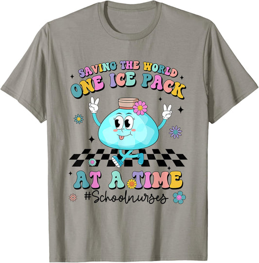 Saving The World One Ice Pack At Time Retro School Nurse T-Shirt - T-Shirt | Sand