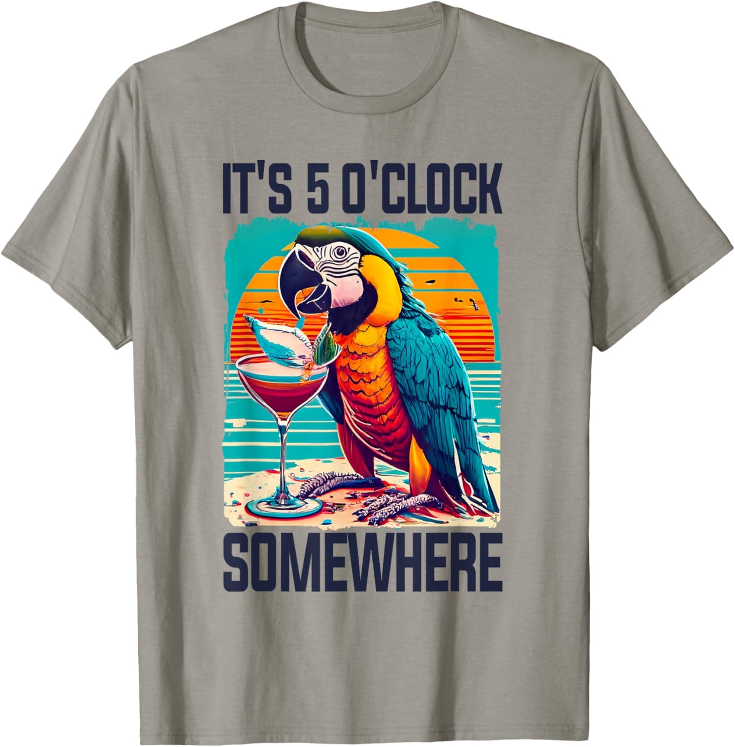 It's 5 O'clock Somewhere Drinking Parrot Cocktail Summer T-Shirt - T-Shirt | Sand