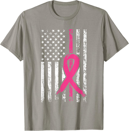 Pink Ribbon Retro USA American Flag Breast Cancer Awareness T-Shirt - T-Shirt | Sand