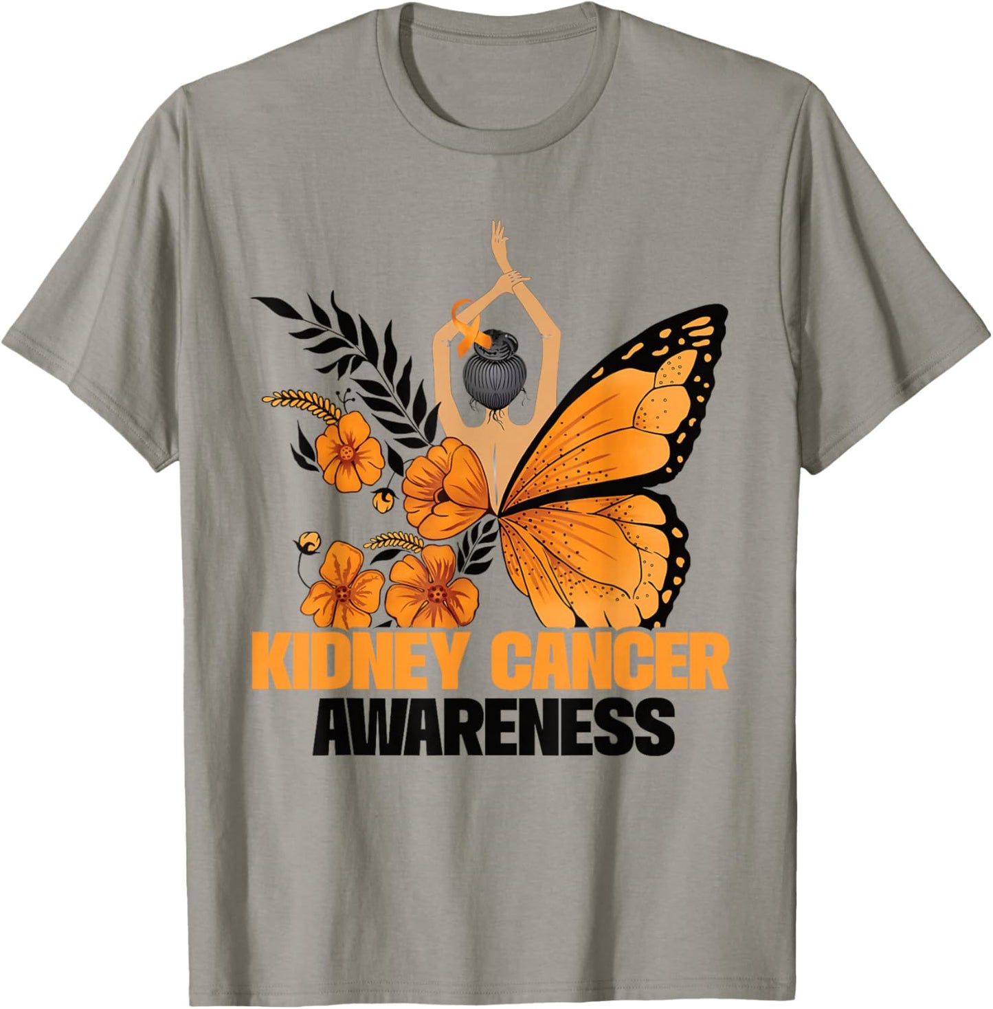 Kidney Cancer Awareness Butterfly Orange Ribbon T-Shirt - T-Shirt | Sand