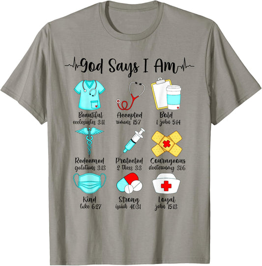God Says I Am Nurse, Christian Nursing, RN LVN CNA Nurse T-Shirt - T-Shirt | Sand