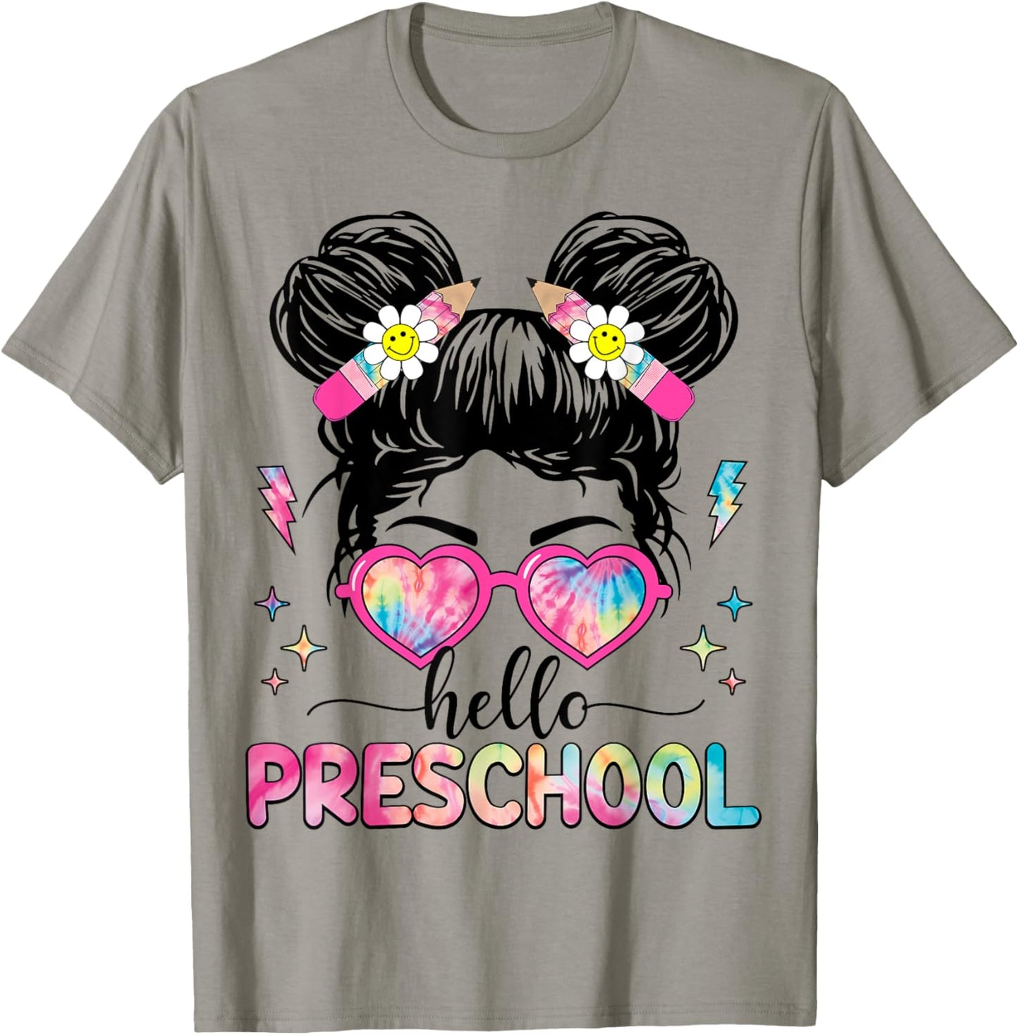 Hello Preschool Messy Bun Girl Back To School First Day T-Shirt - T-Shirt | Sand