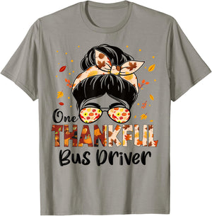 Bus Driver One Thankful Messy Bun Thanksgiving Fall Autumn T-Shirt - T-Shirt | Sand
