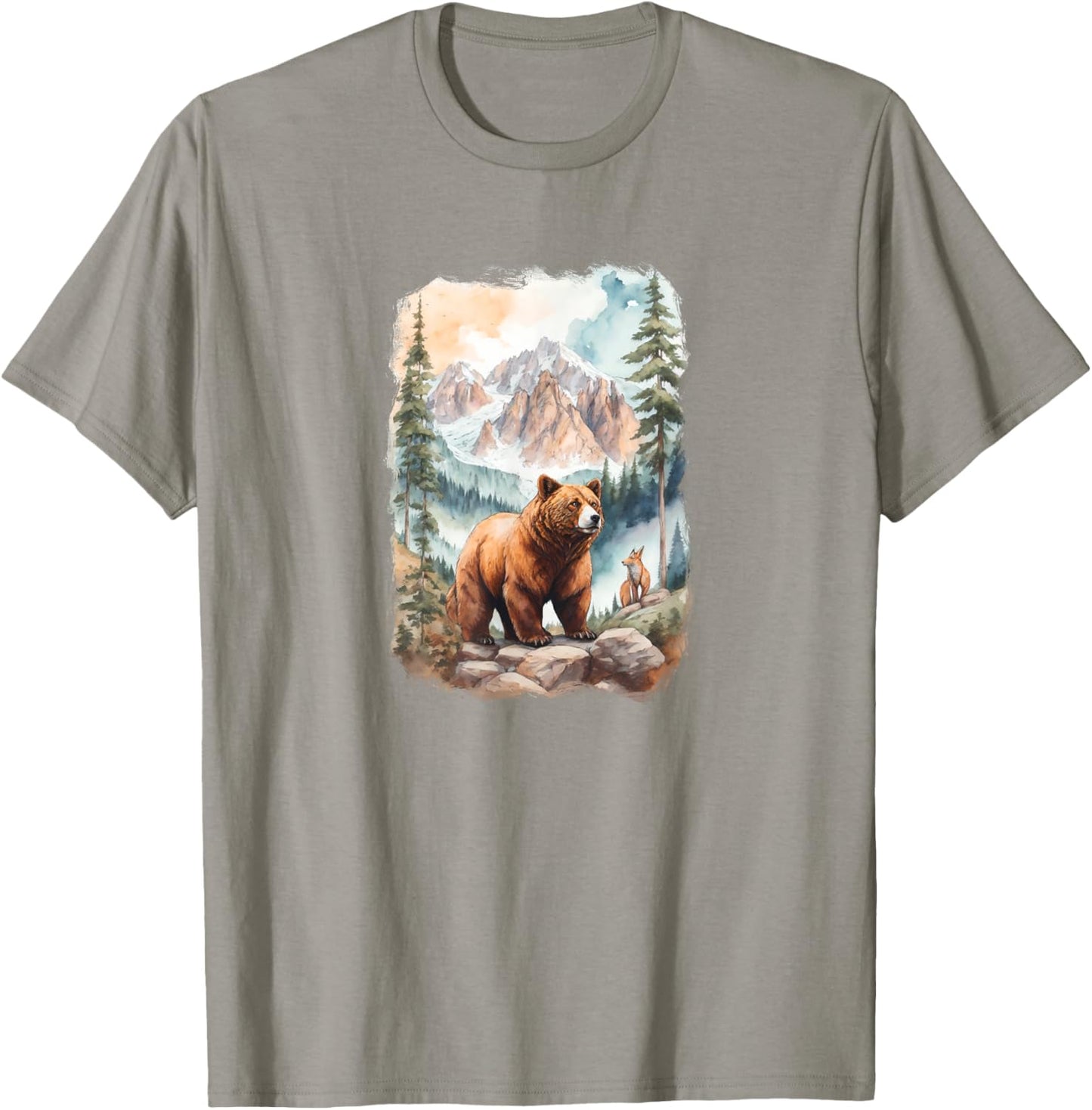 Bear and Fox in Mountain Forrest T-Shirt - T-Shirt | Sand