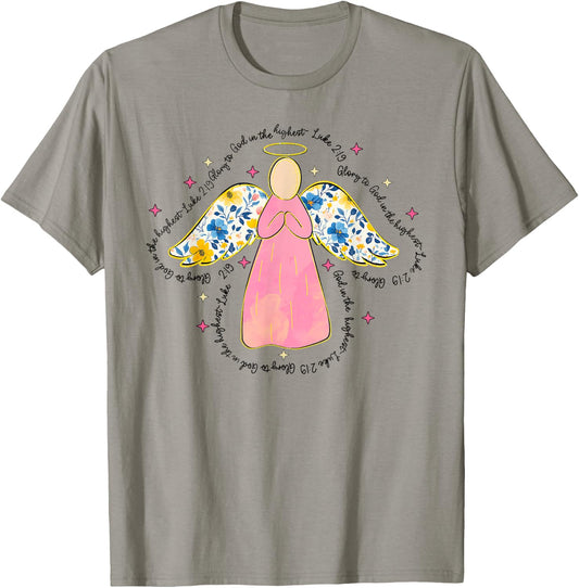Silhouette Pink Floral Angel God, Beautiful Christmas Angel T-Shirt - T-Shirt | Sand