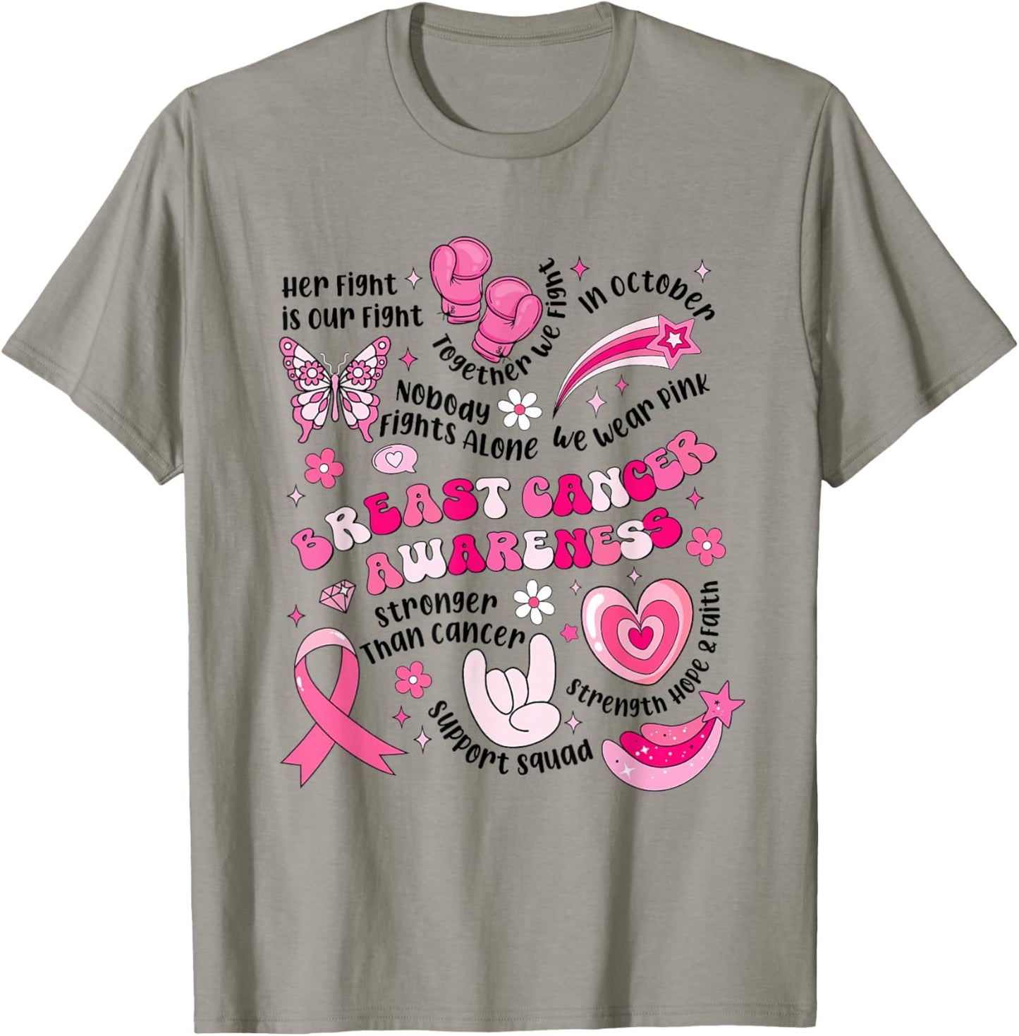 Breast Cancer Awareness Pink Ribbon Boxing Gloves Butterfly T-Shirt - T-Shirt | Sand