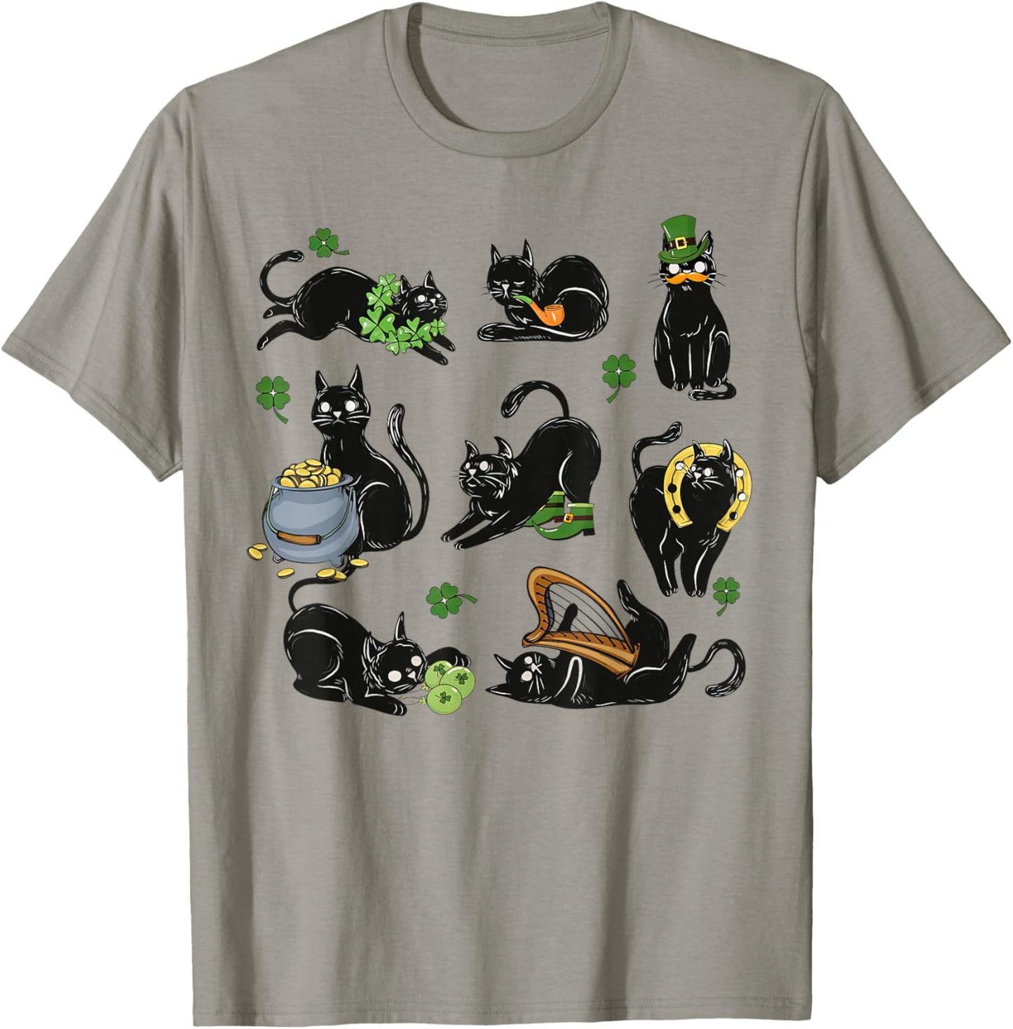 St Patrick's Day Shamrock Black Cat Irish Cats T-Shirt - T-Shirt | Sand