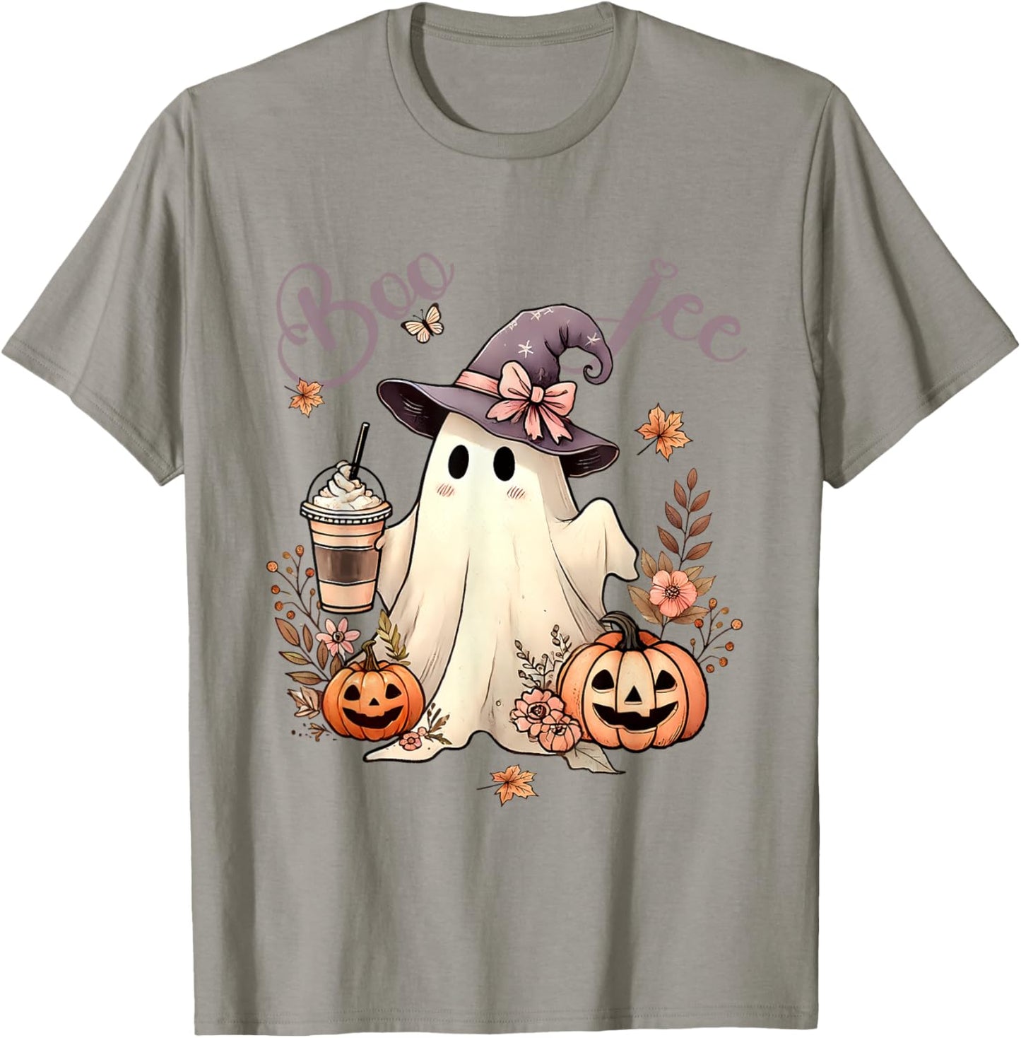 Boo Jee Ghost Ice Coffee Coquette Bow Halloween Women Girl T-Shirt - T-Shirt | Sand
