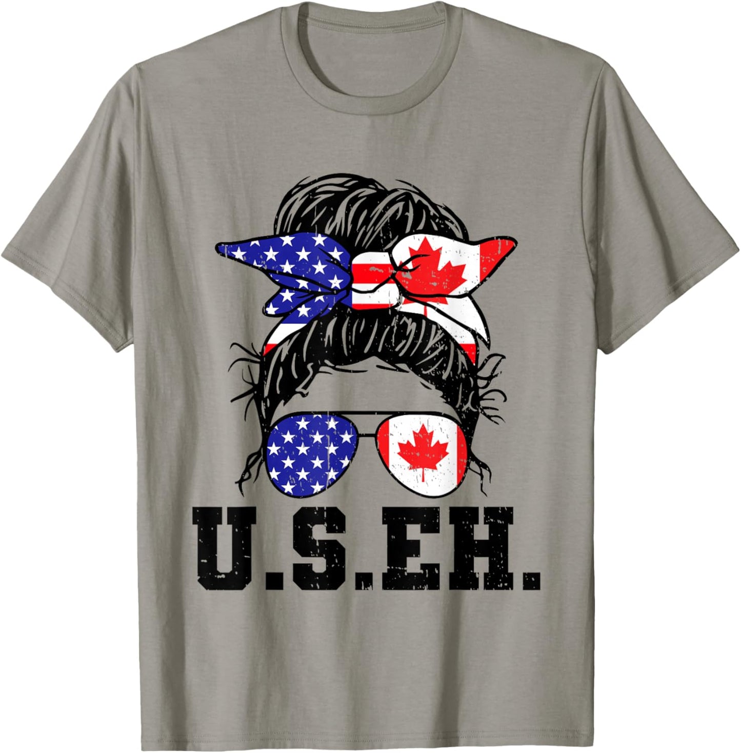 Messy Bun American Canadian Flag Sunglasses US EH Canada Day T-Shirt - T-Shirt | Sand