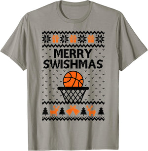 Merry Swishmas X-Mas Basketball Ugly Christmas Sweater Style T-Shirt - T-Shirt | Sand