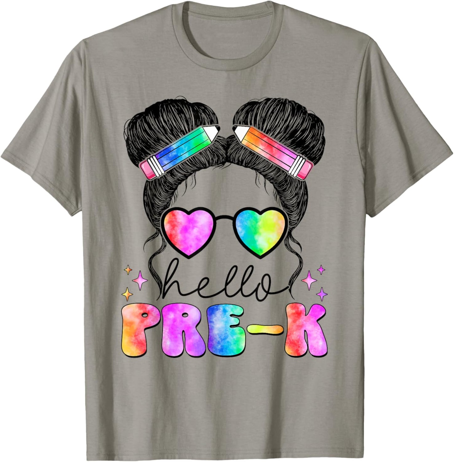Messy Hair Bun Girl Back To School First Day Hello Pre K T-Shirt - T-Shirt | Sand
