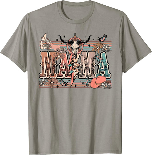 Mama Western Country Cow Skull Cowhide Mom Hippies Mama T-Shirt - T-Shirt | Sand