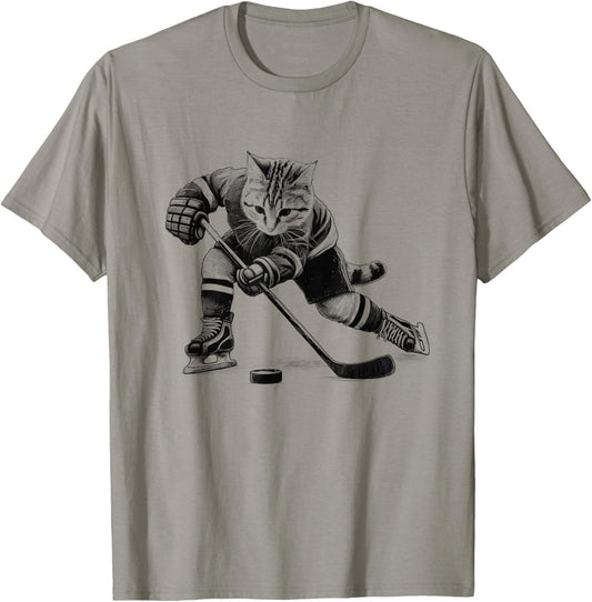 Vintage Cat Playing Hockey Kitten Lover Hockey Player T-Shirt - T-Shirt | Sand