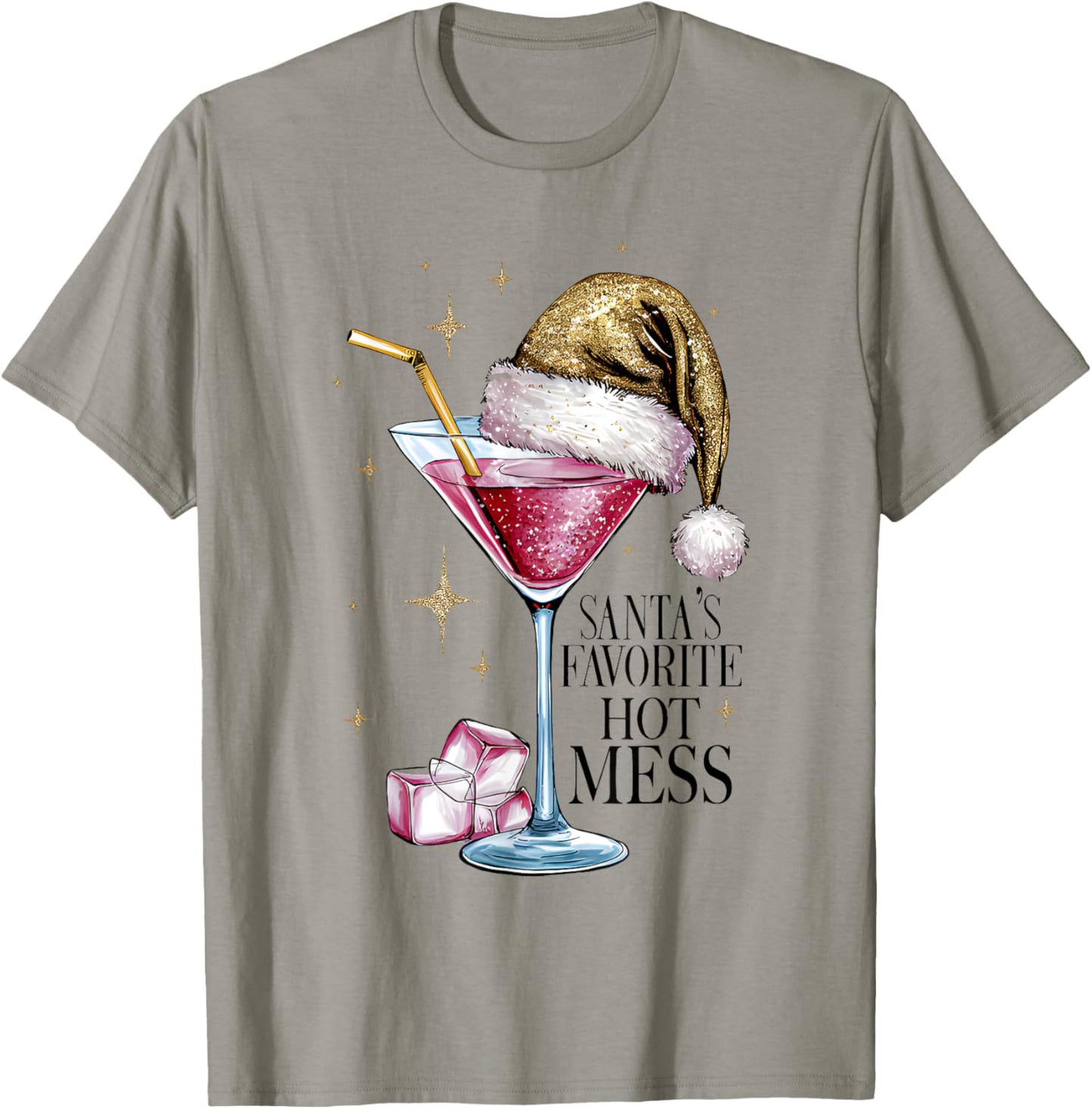 Women Santa's Favorite Hot Mess Christmas Pink Margarita T-Shirt - T-Shirt | Sand