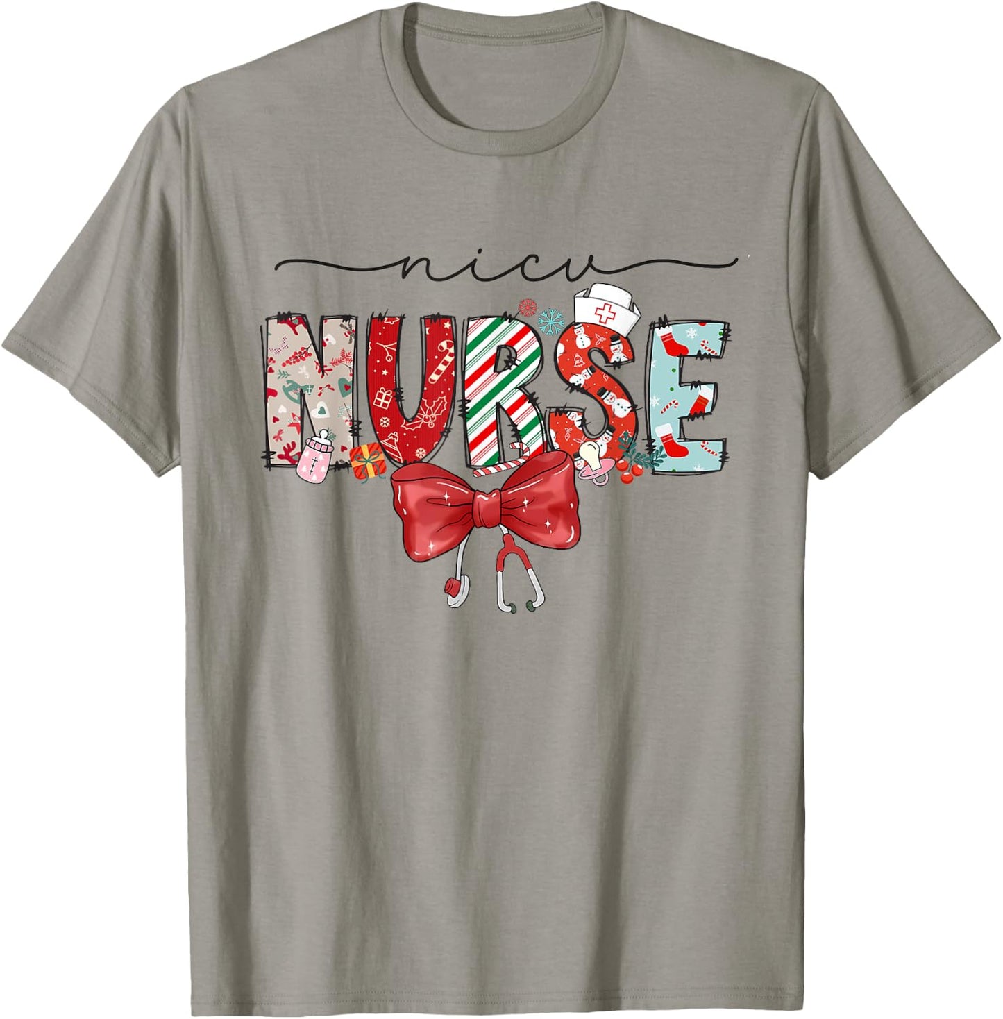 NICU Nurse Christmas Coquette Bow Holiday NICU Crew Team T-Shirt - T-Shirt | Sand