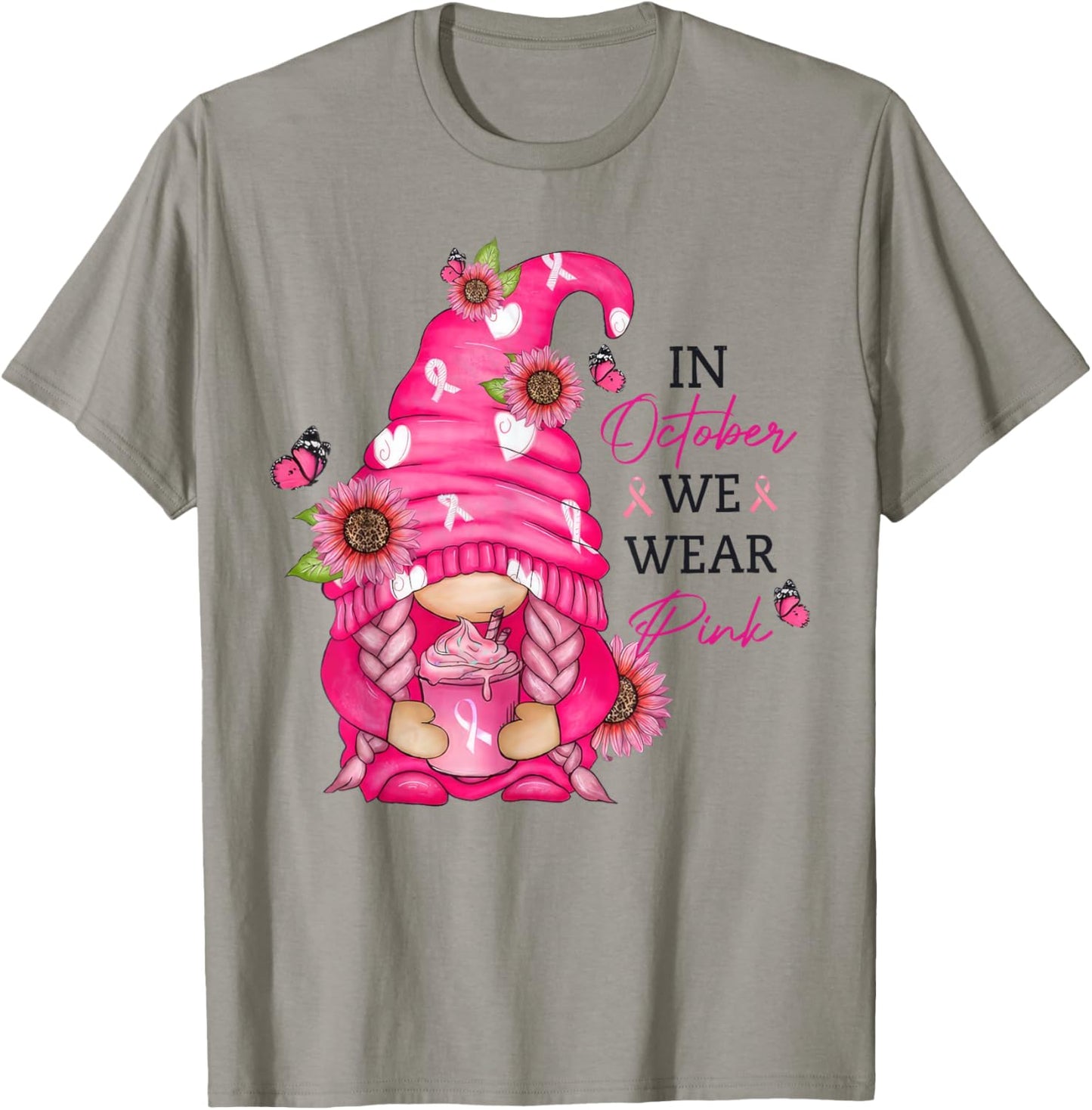 In October We Wear Pink Gnome Breast Cancer T-Shirt - T-Shirt | Sand