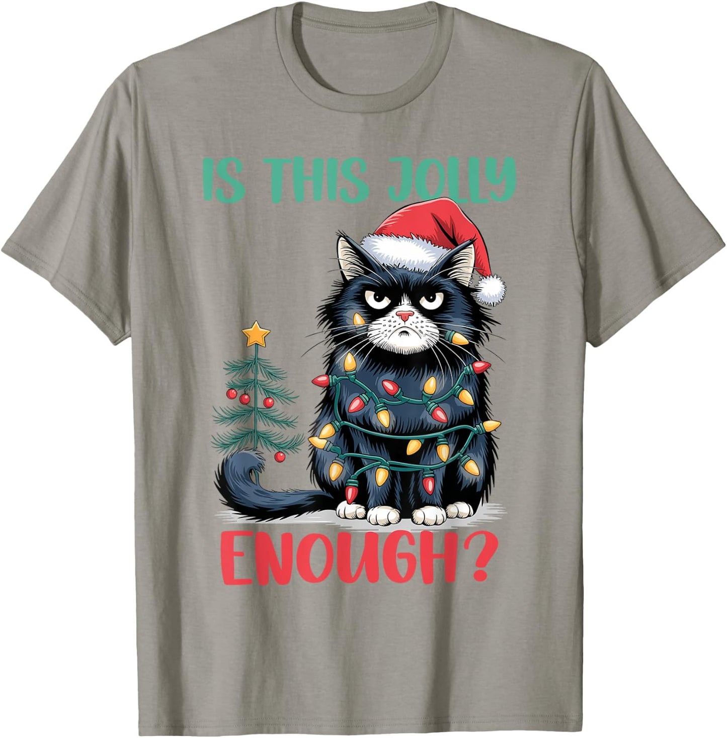 Is This Jolly Enough Cat Christmas Tree Funny Xmas Cat Lover Women Kids T-Shirt - T-Shirt | Sand