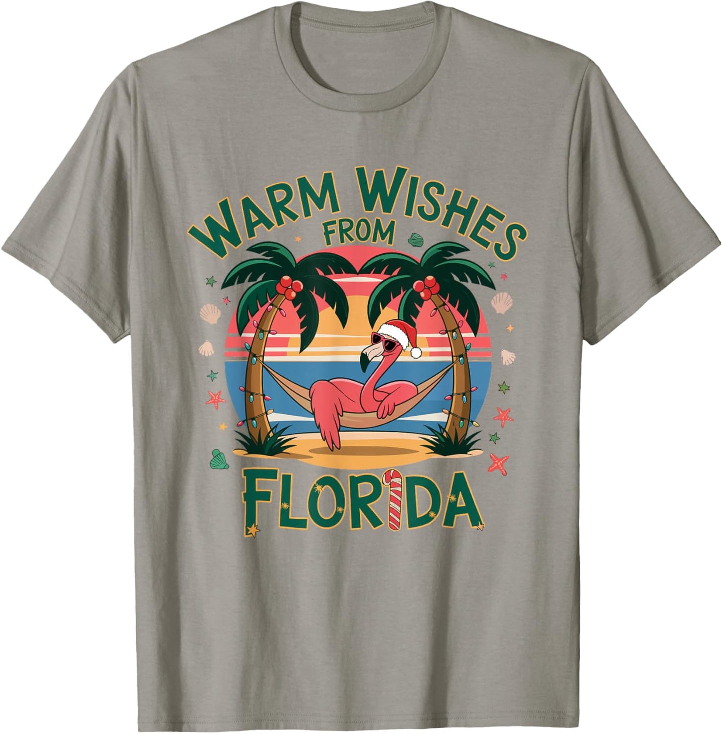 Tropical Flamingo Xmas Warm Wishes From Florida Christmas T-Shirt - T-Shirt | Sand