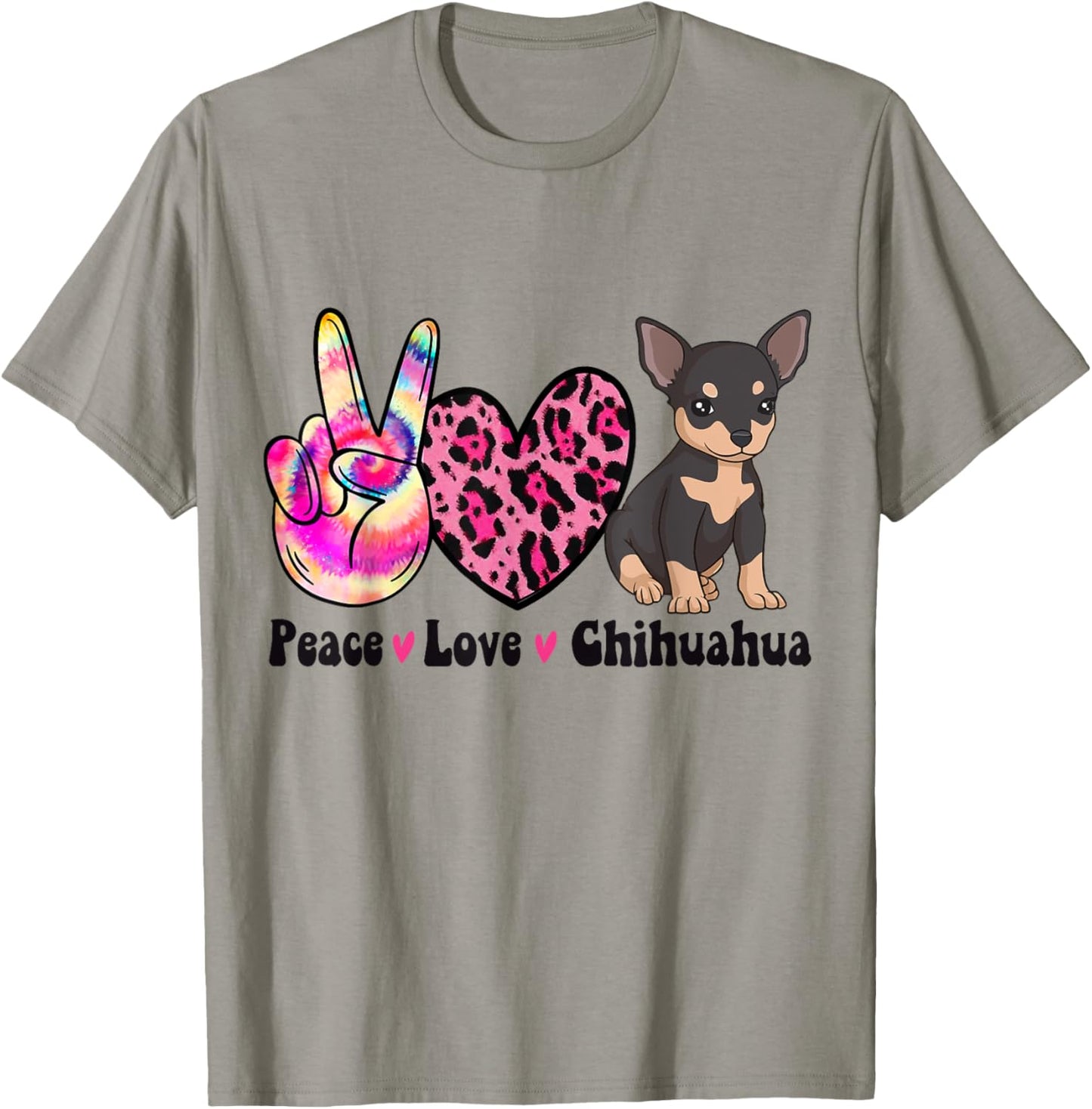 Tie Dye Peace Love Leopard Black And Tan Chihuahua Dog Lover Men Women T-Shirt - T-Shirt | Sand