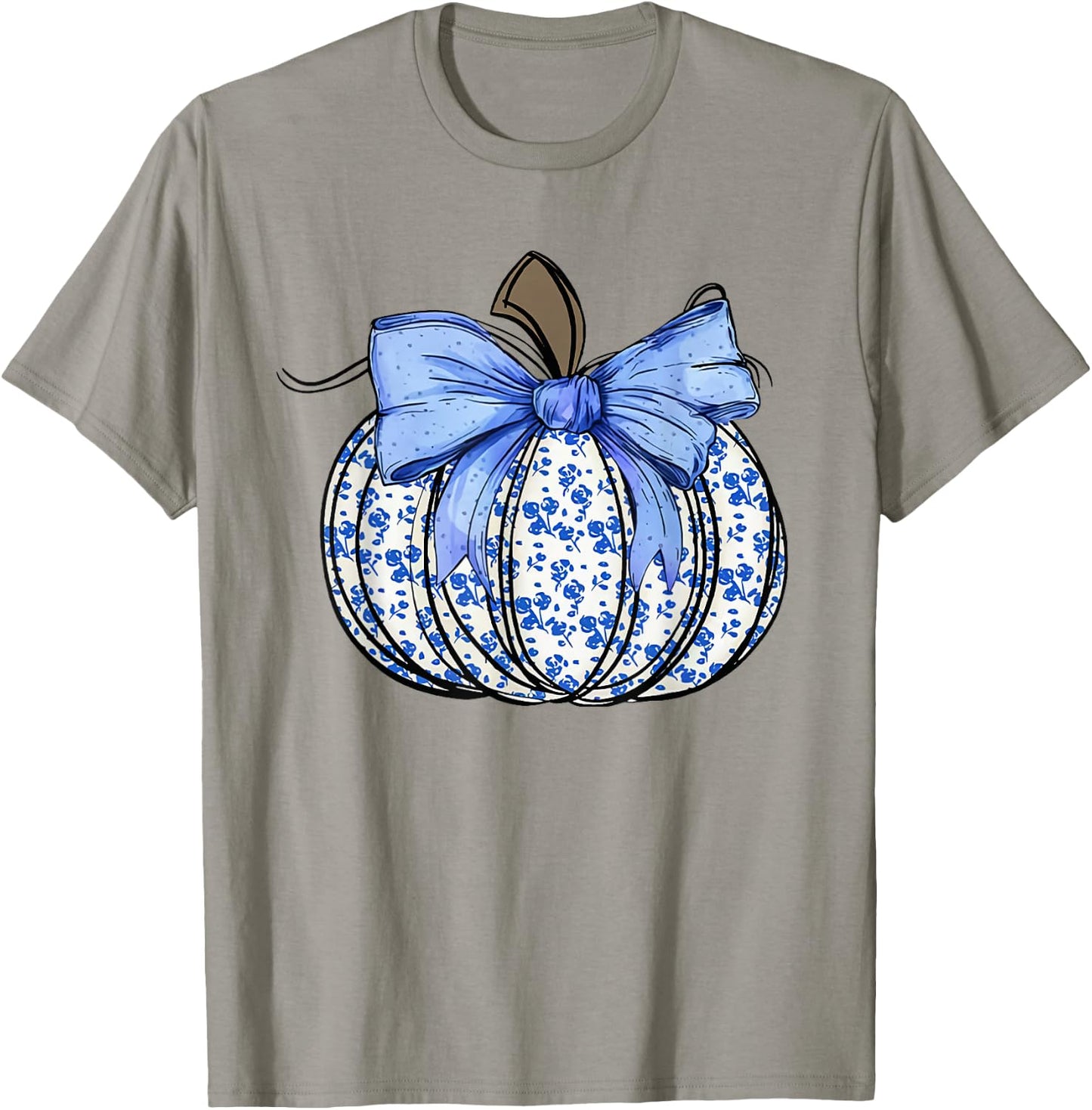 Retro Coquette Bow Blue Floral Pumpkin Halloween Autumn Fall T-Shirt - T-Shirt | Sand