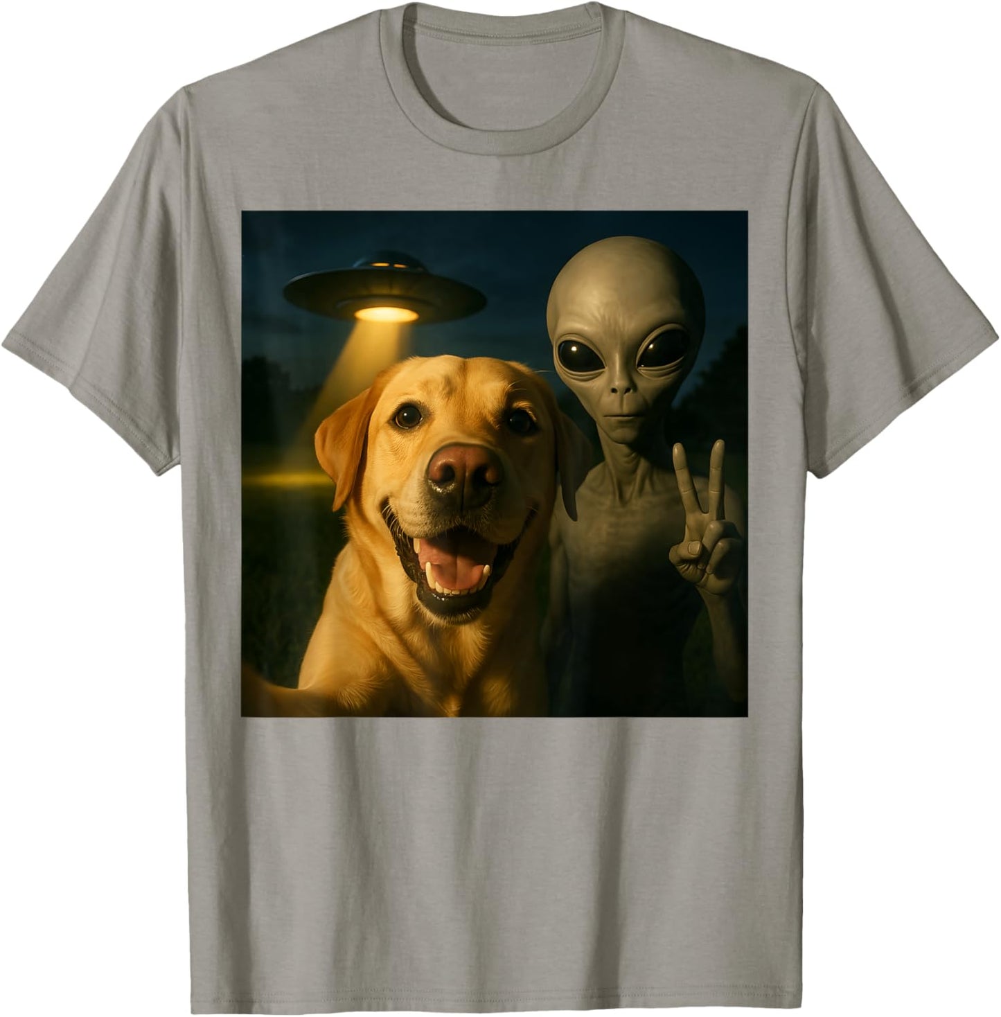 Labrador Selfie with Alien UFO T-Shirt - T-Shirt | Sand