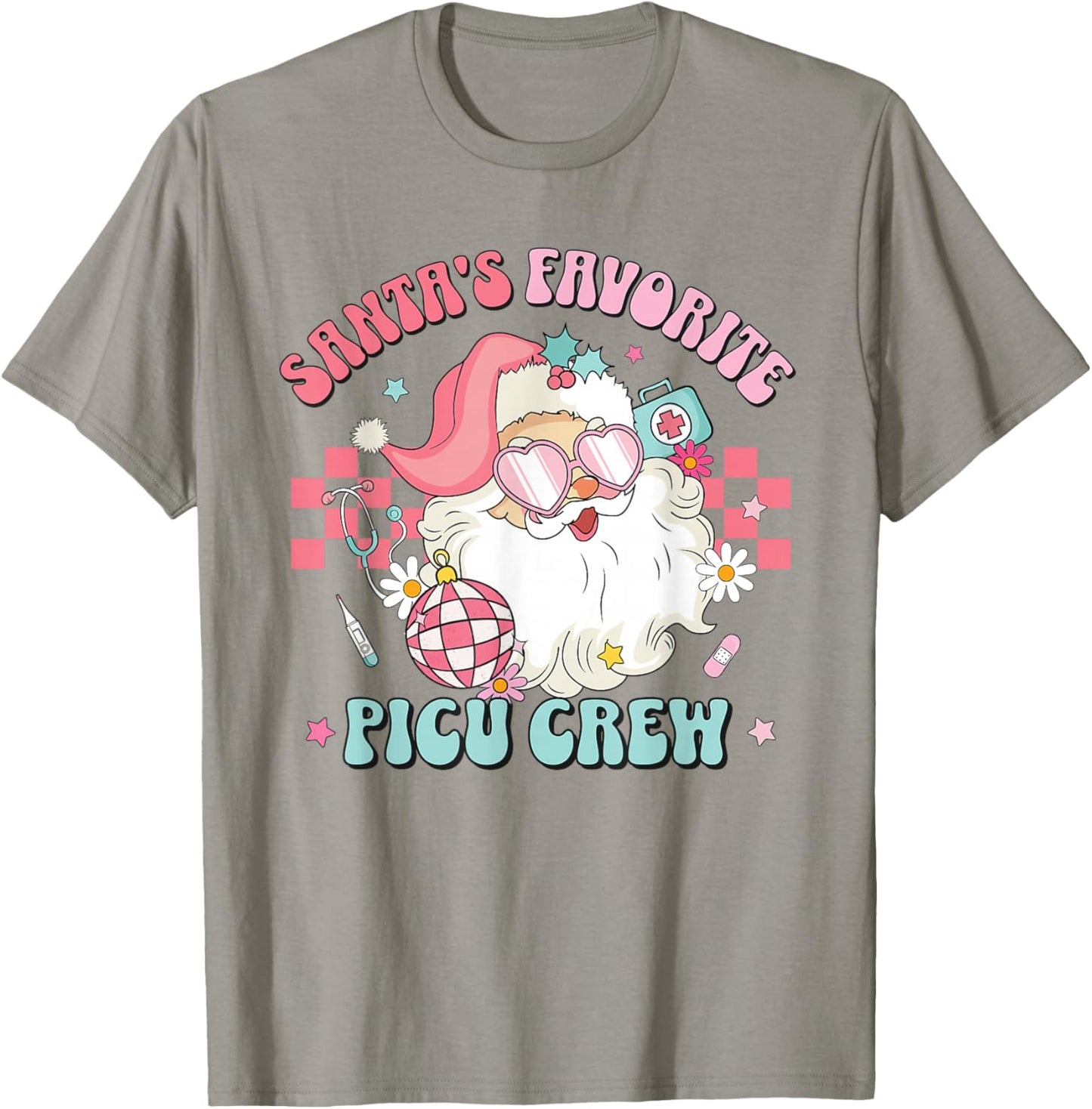 Retro Pink Christmas Santa's Favorite PICU Nurse Pediatric T-Shirt - T-Shirt | Sand