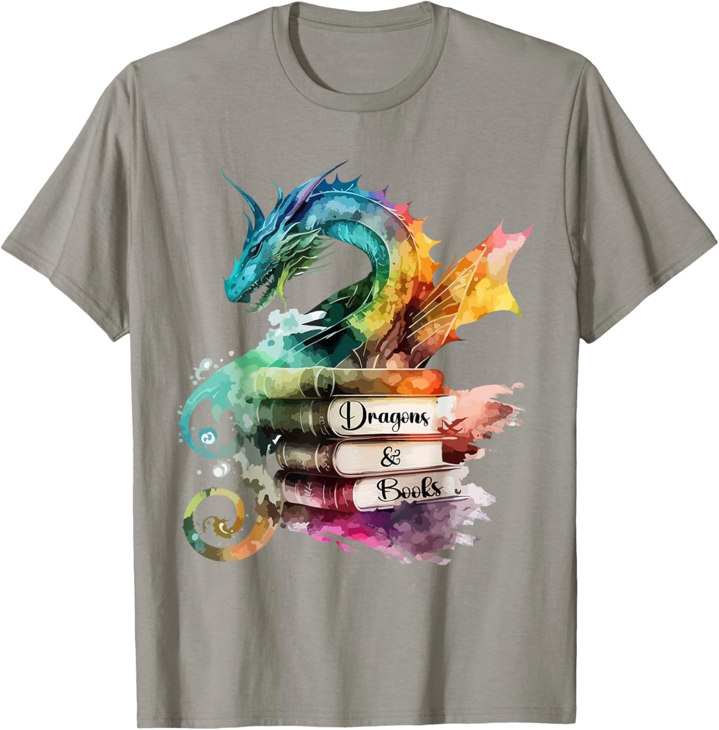 Dragons and Books Watercolor Fantasy Dragon Lover Theme T-Shirt - T-Shirt | Sand