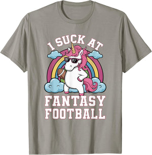 I Suck At Fantasy Football Funny Unicorn Rainbow Pink Loser T-Shirt - T-Shirt | Sand