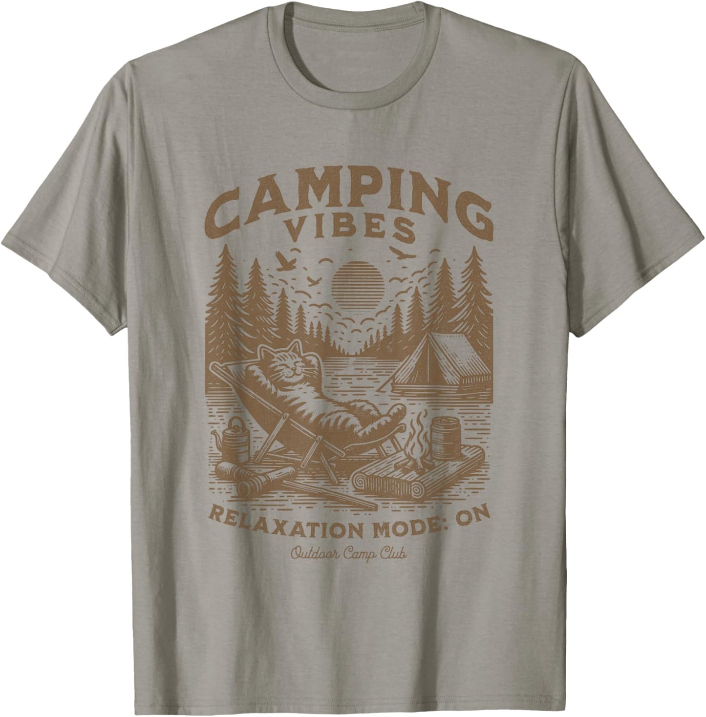 Camping Vibes Funny Cat Campfire Outdoor Nature Lovers Camp Men Women Kids T-Shirt - T-Shirt | Sand