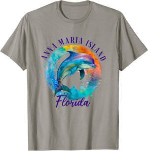 Anna Maria Island Florida Happy Watercolor Dolphin T-Shirt - T-Shirt | Sand