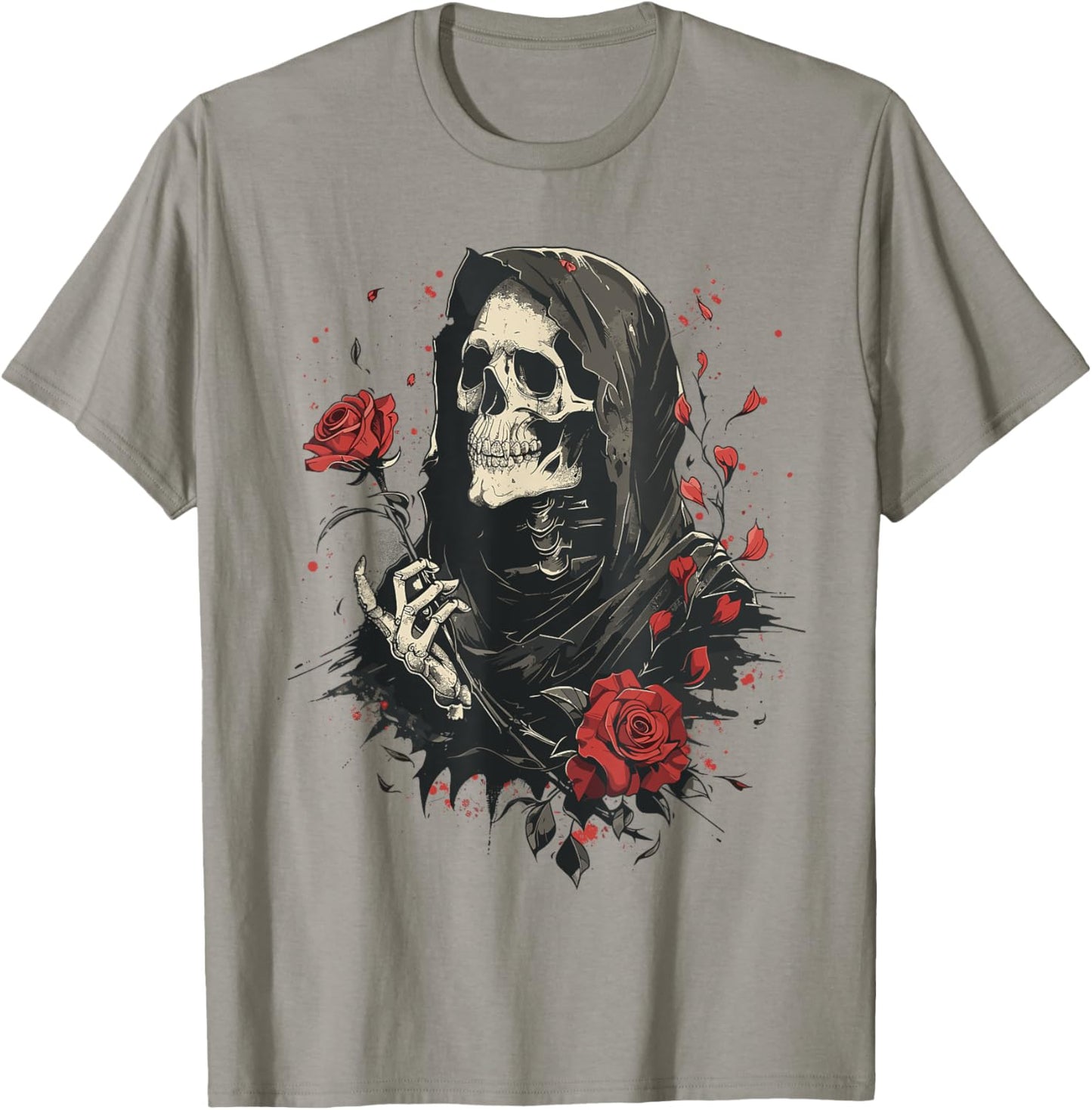 Gothic Skeleton holding a Rose, Vintage Floral Halloween T-Shirt - T-Shirt | Sand