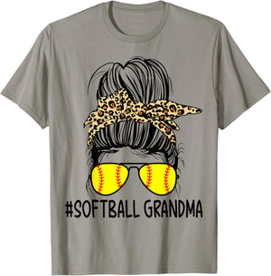 Softball Grandma Leopard Messy Bun Softball Grandma T-Shirt - T-Shirt | Sand