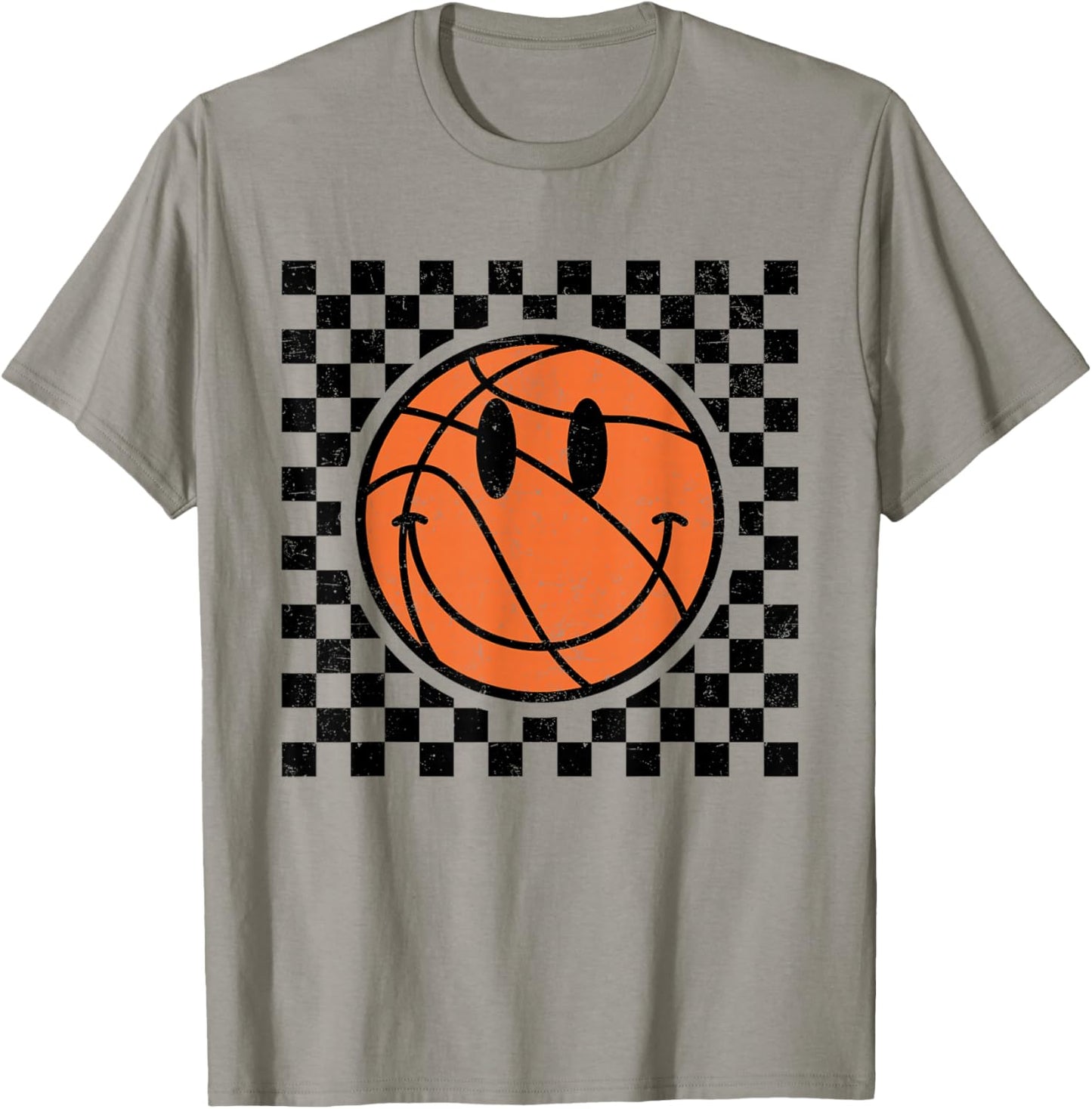 Game Day Basketball Smile Face Checkered Retro Vintage Style T-Shirt - T-Shirt | Sand