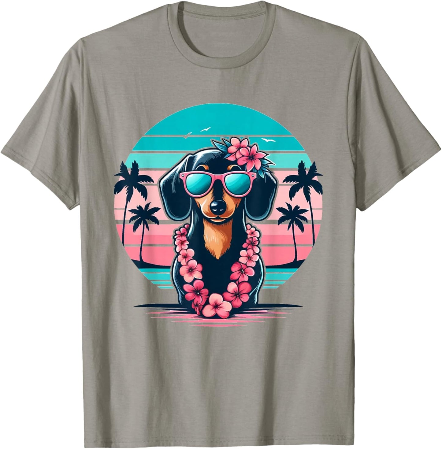 Retro Hawaiian Dachshund Dog Tropical Floral Summer Vibes T-Shirt - T-Shirt | Sand