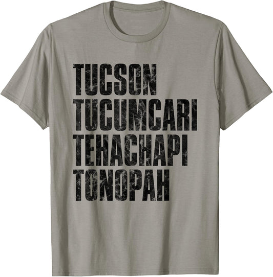 Tucson Tucumcari Tehachapi Tonapah Tourist - Grey, -Adults, Short Sleeve, , Printed Graphic T-Shirt - T-Shirt | Sand