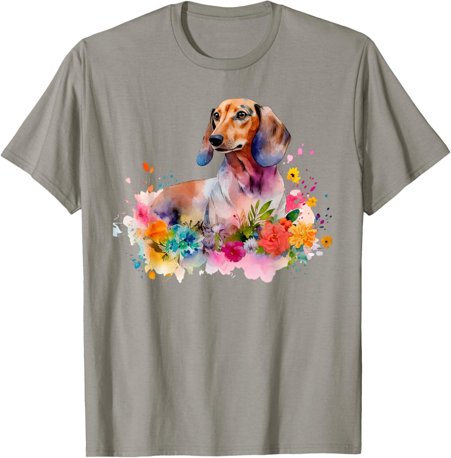 Dachshund Watercolor Art Dog Dog Breed Woman Kids Floral T-Shirt - T-Shirt | Sand