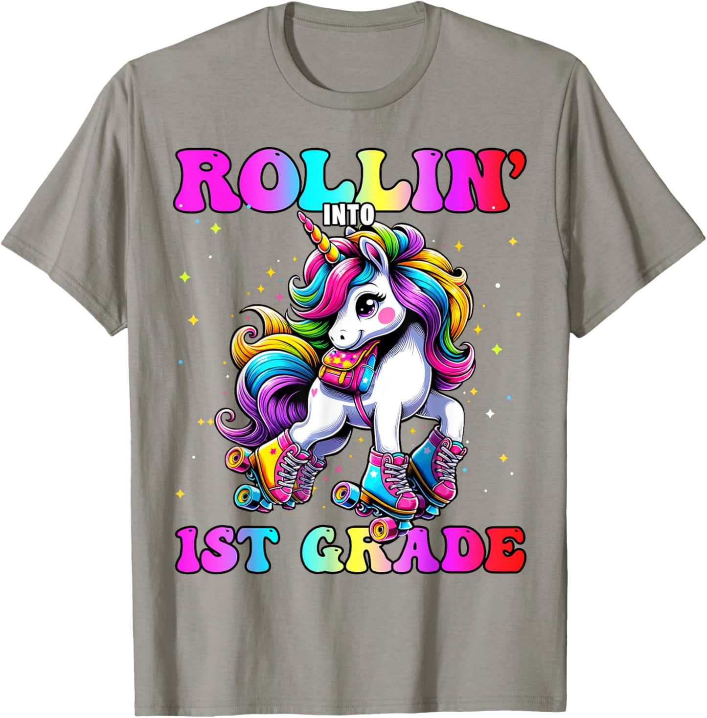 1st Grade Back To School First Day Girls Rollin Unicorn T-Shirt - T-Shirt | Sand