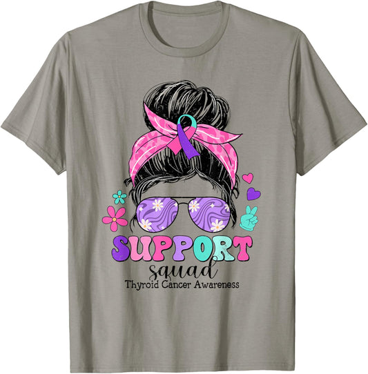 Groovy Support Squad Messy Bun Thyroid Cancer Awareness T-Shirt - T-Shirt | Sand
