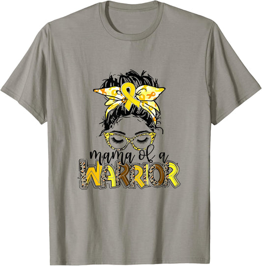 Mama of Warrior Childhood Cancer Ribbon Mom Saying Quote T-Shirt - T-Shirt | Sand
