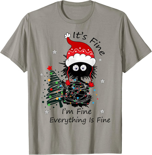 Santa Black Cat Tangled in Christmas Lights T-Shirt - T-Shirt | Sand