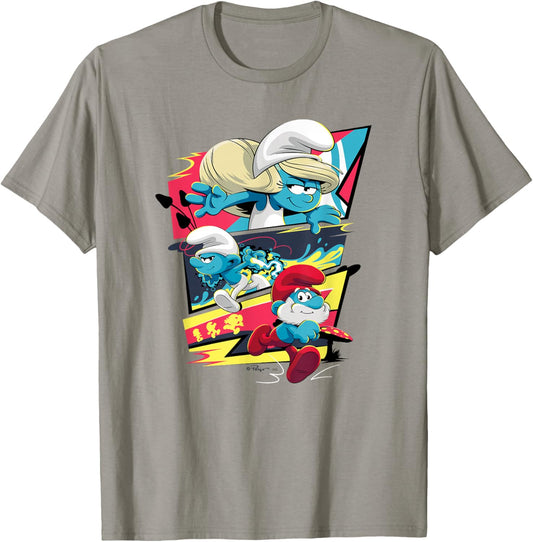 The Smurfs Action Comic Panels Retro Cartoon T-Shirt - T-Shirt | Sand