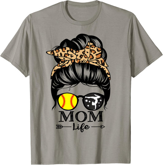 Mom Life Messy Bun Hair Funny Softball Gymnastics Mom T-Shirt - T-Shirt | Sand