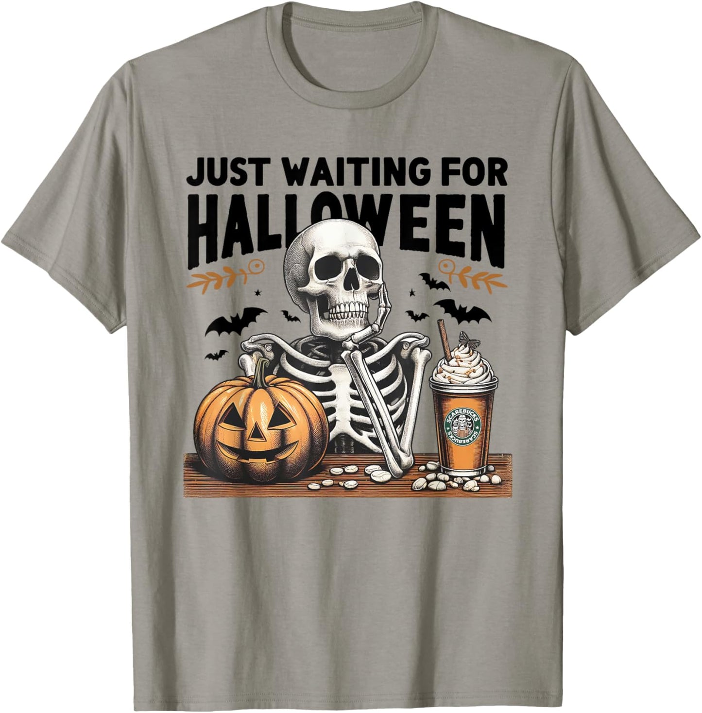 Just Waiting For Halloween Skeleton Ice Coffee Pumpkin T-Shirt - T-Shirt | Sand
