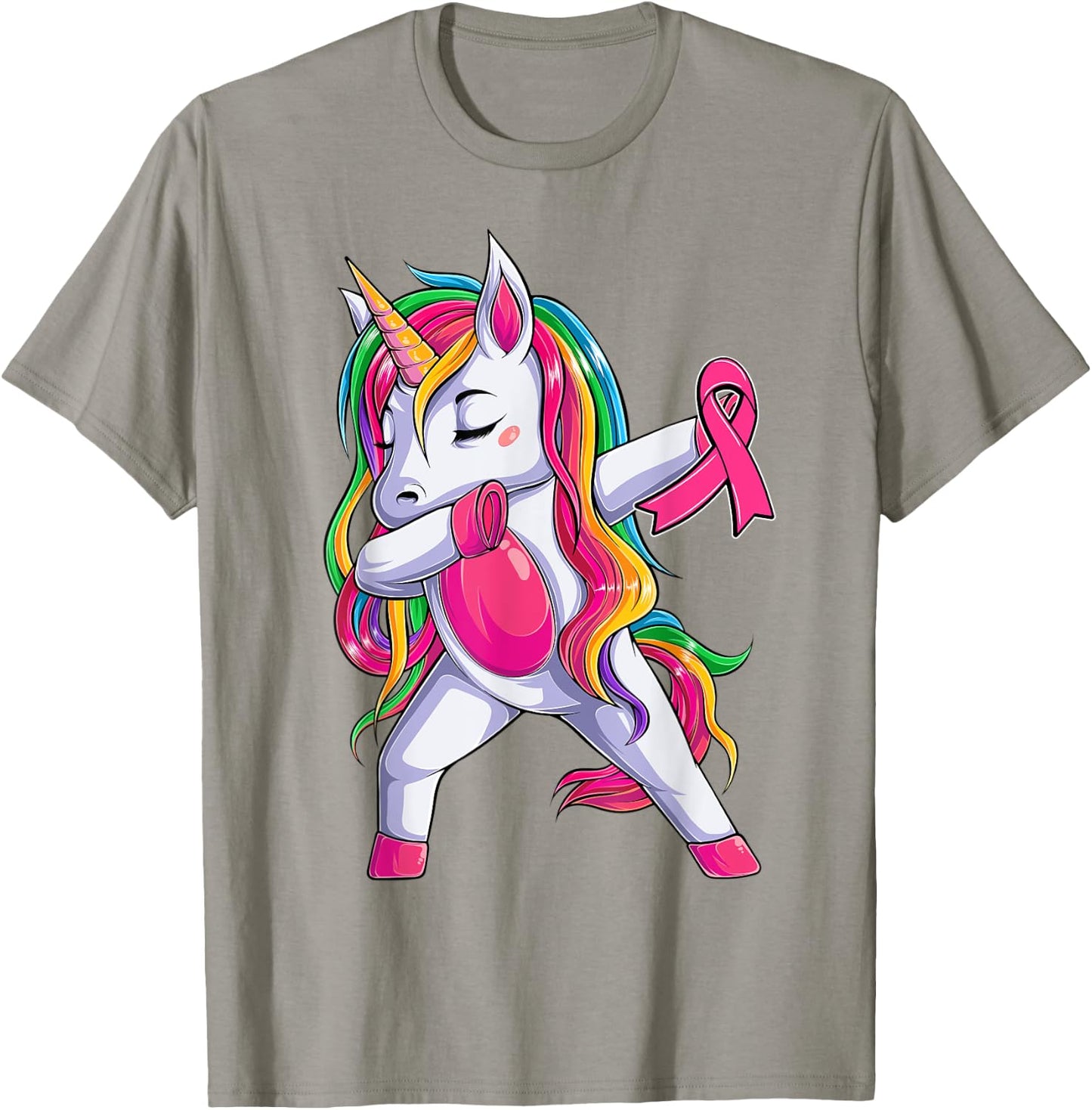 Dabbing Unicorn Pink Ribbon Breast Cancer Awareness Support T-Shirt - T-Shirt | Sand
