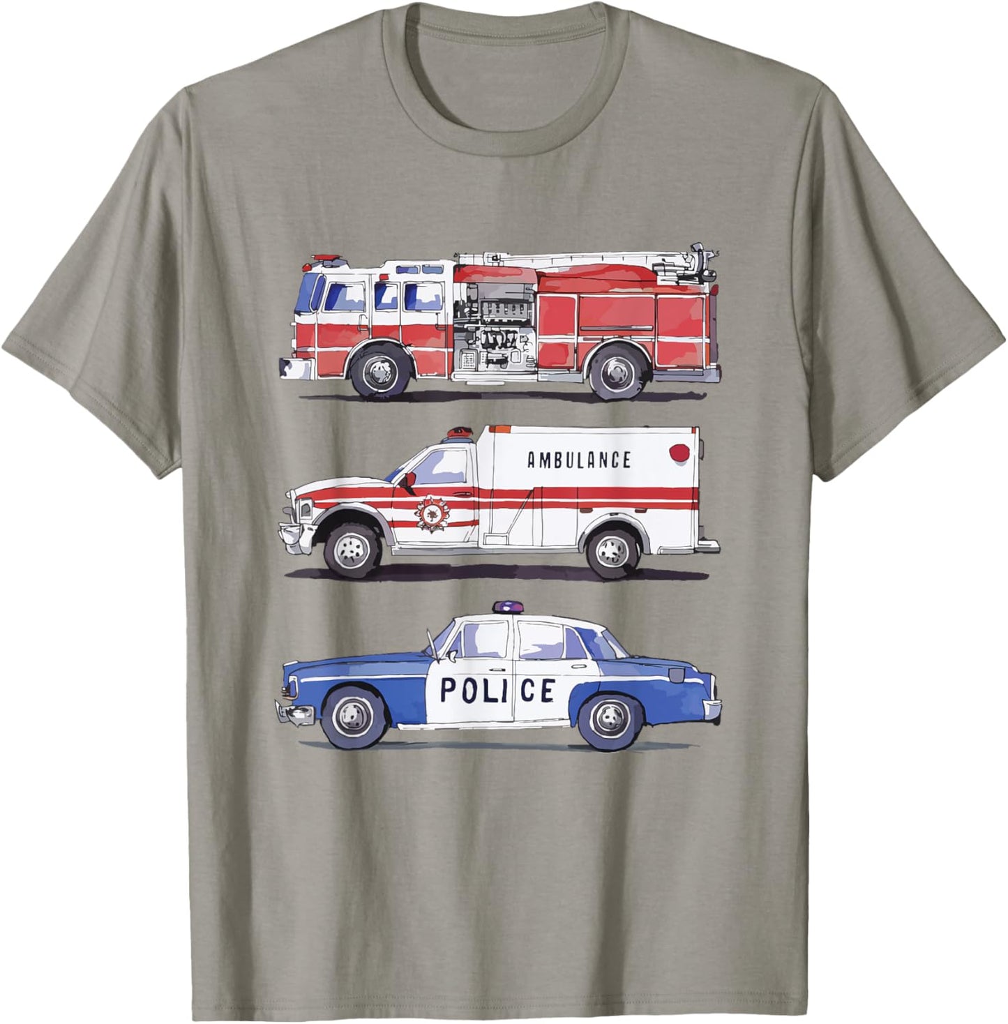 Emergency Rescue Vehicles Police Car Fire Truck Ambulance T-Shirt - T-Shirt | Sand